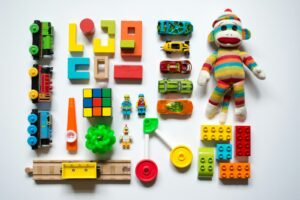 Shelf displaying plush toys and collectible figures in a bright living room
