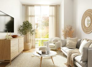 Bright, tidy living room with plants and a relaxed dog in a modern home